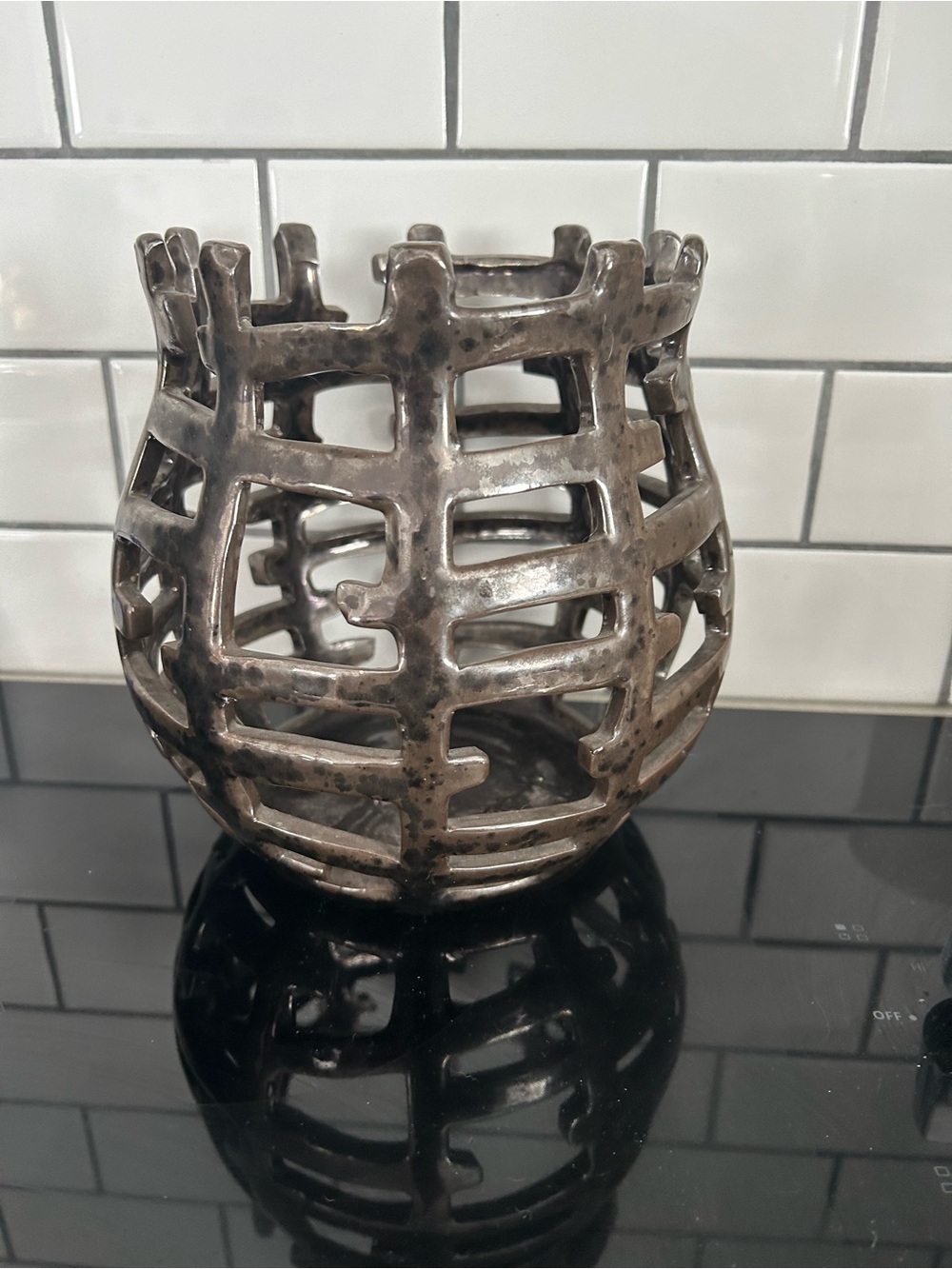 Geometric Cutout porcelain Candle Holder - Metallic Gray
